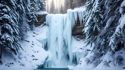 a frozen waterfall in the forest during the winter