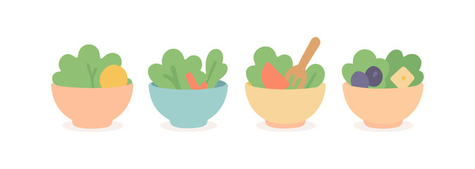 Fototapeta premium Colorful bowls of fresh salad with vegetables in flat style