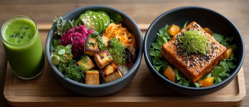 Healthy vegan and vegetarian dishes with green smoothie on wooden tray for balanced diet.