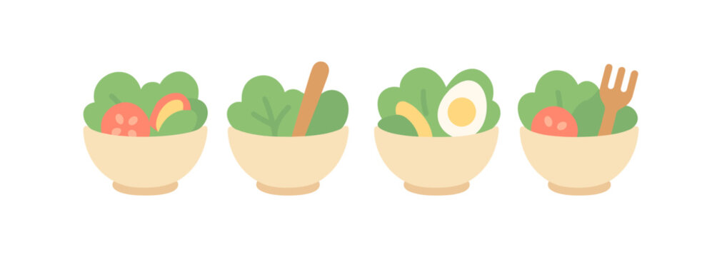 Fresh salad bowls with vegetables and greens in minimal flat design