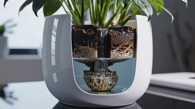 Watch as the self-watering planter reveals its inner beauty. Roots elegantly appear submerged in clear water, showcasing a perfect blend of soil and hydration in the soft morning light.