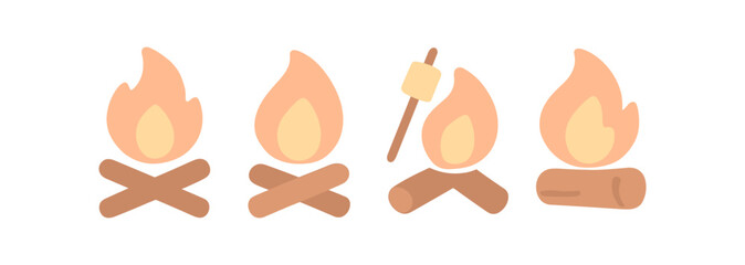 Flat design campfire icons with toasting marshmallow
