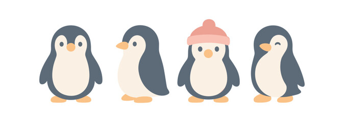 Obraz premium Cute cartoon penguins with winter hat in flat style