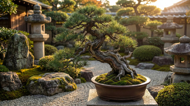 Ancient pine bonsai tree in a ceramic pot within a serene Japanese Zen garden, featuring stone lanterns, mossy rocks and warm golden sunset light.