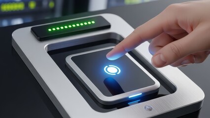 A finger presses a touchsensitive panel on a futuristic device with lit indicators set on a reflective surface
