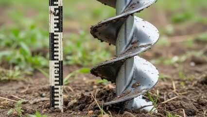 A metal auger drill marked with soil is embedded in the earth next to a measuring stick set against a blurred green background
