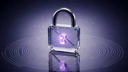 Crystal padlock with glowing keyhole on purple background with circles security glass
