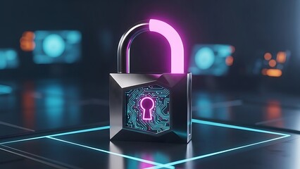 Futuristic digital padlock with glowing circuit board and neon lights security technology