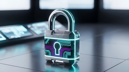 Futuristic digital padlock with circuit board design and neon lights security