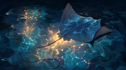 Blue Manta Ray Swimming in Ocean with Glowing Lights