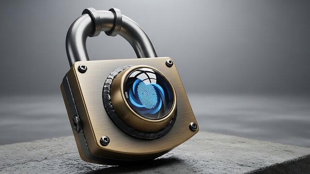 Brass padlock with fingerprint scanner and blue glowing keyhole security - Powered by Adobe