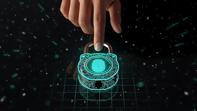 Finger touching a digital padlock with fingerprint scanner and glowing particles - Powered by Adobe