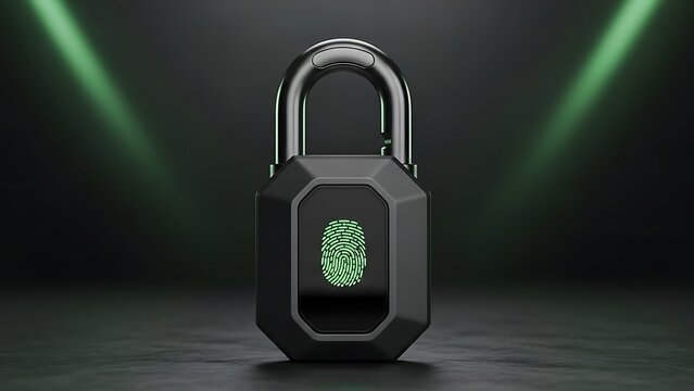Futuristic Padlock with Fingerprint Scanner and Green Spotlight security - Powered by Adobe