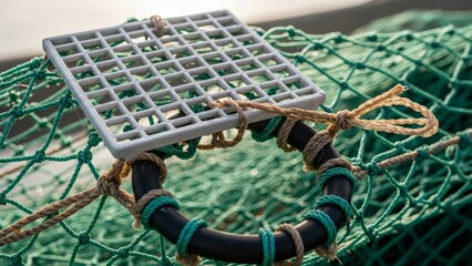 A square grid atop a black ring secured by rope sits amidst a knotted green net