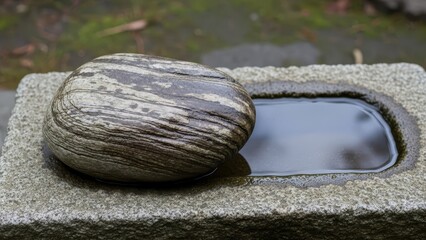A striped rock sits on a concrete base beside a waterfilled depression