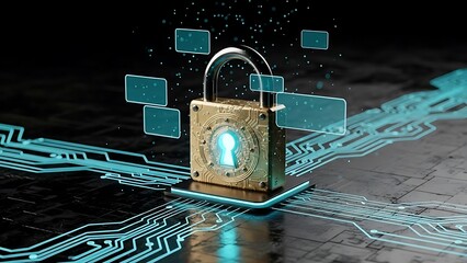 Golden padlock with digital circuits and glowing data streams security technology