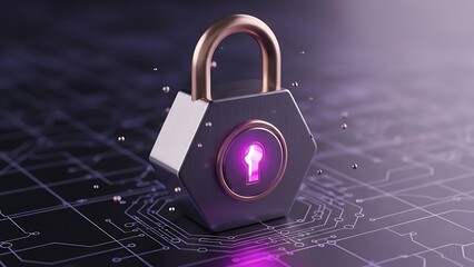 Hexagonal padlock with glowing pink keyhole on circuit board padlock, lock, security