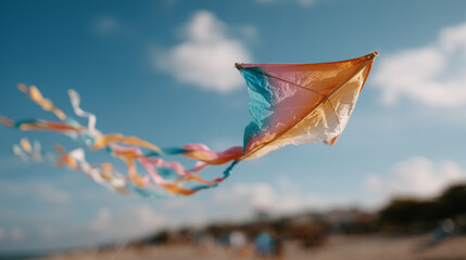 Colorful kite flying against blue sky with clouds during Lohri  