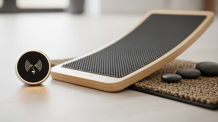 Closeup of a textured balance board a speaker button  stones on a woven mat set on a clean surface Focus is on wellness  natural elements