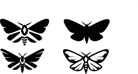 Four distinct black silhouette icons representing various butterfly and moth species for nature design projects