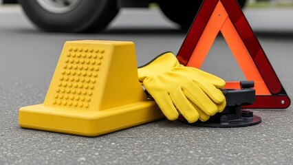 Closeup of a yellow wheel chock gloves  warning triangle on asphalt near a car wheel