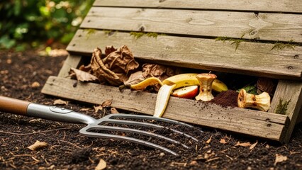 Closeup of a wooden compost bin with food scraps leaves  coffee grounds A metal garden fork rests on dark soil in the foreground