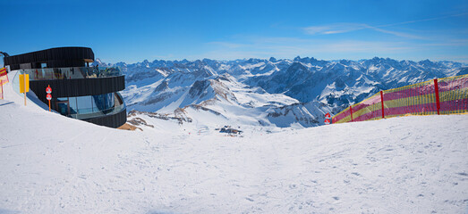 Mountain restaurant at the Nebelhorn summit, next to the ski slope. destination Oberstdorf.
