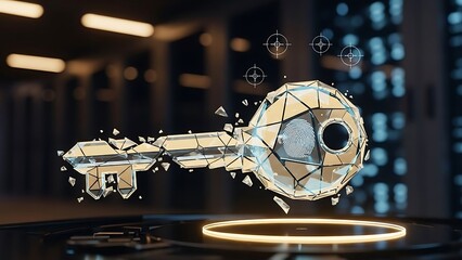 Shattered polygonal key with fingerprint scanner and digital targeting reticles geometric