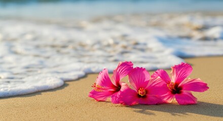 Fototapeta premium Pink hibiscus flowers rest on warm sand with gentle ocean foam and blurred sea