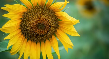 Obraz premium Sunflower close-up with bright yellow petals and blurred green background