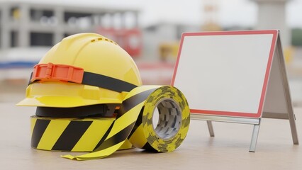 Construction gear yellow hard hat striped tape sign on site