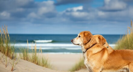 Dogs on sandy beach looking toward the sea with dunes and grasses during cloudy day
