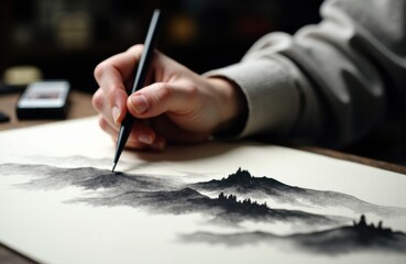 Naklejka premium Hand drawing monochrome mountain landscape with brush and ink on paper