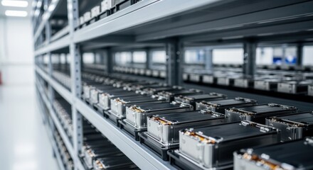 Industrial shelving storing freshly assembled lithiumion battery cells under regulated dryroom conditions before packaging.