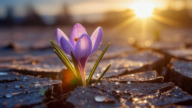 Sunlit crocus grows through cracked ground at dawn.