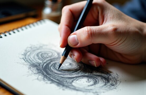 Hand sketching swirling pencil drawing in notebook with careful focused detail - Powered by Adobe