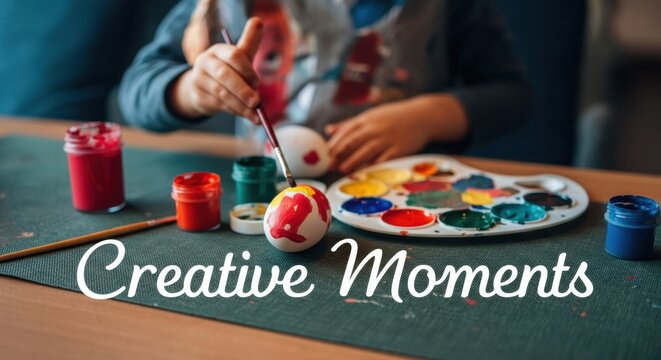 Child painting decorative egg with watercolor palette and paint jars on table - Powered by Adobe
