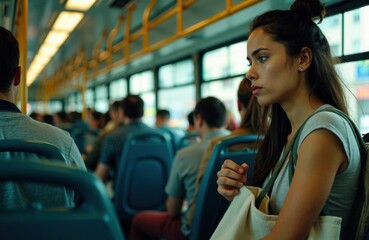 Woman on bus looking out the window with a thoughtful, pensive expression