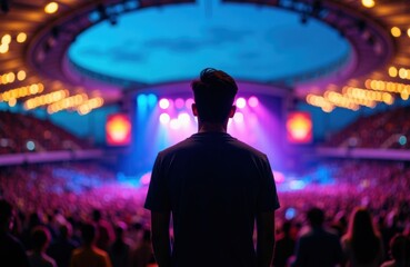 Obraz premium Man watching live concert from crowd under colorful stage lights and haze