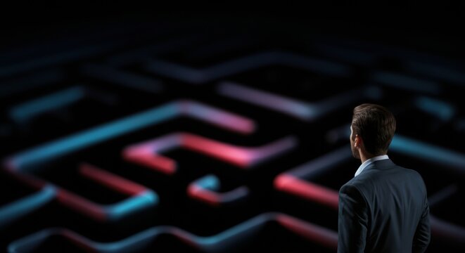 Man in suit overlooking illuminated maze of neon pathways and dark void