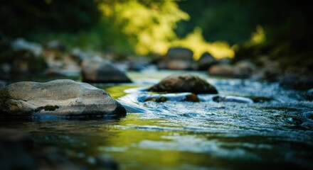 Shallow stream flowing over smooth river rocks with blurred forest background