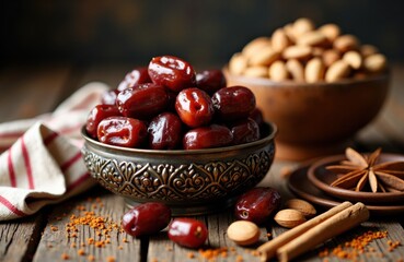 Ramadan's  bowl of dates on rustic wooden table with warm spices and almonds for baking