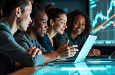 Team of professionals collaborates over a laptop displaying market graphs