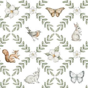 Watercolor ornamental seamless pattern with birds, rabbits, flowers, butterfly, squirrel. Geometric  vintage background in folk style with leaves and animals.