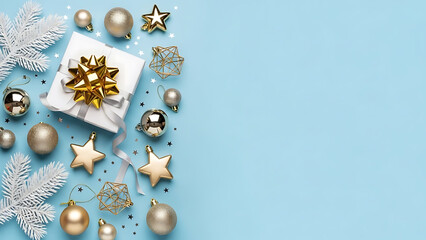 Fototapeta premium Festive Christmas decorations and gift box with ribbon on a pastel blue background