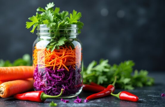 Jar with layered shredded vegetables and fresh herbs on dark surface background