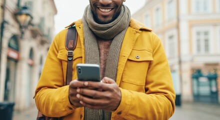 Man using smartphone while walking on city street with warm jacket and scarf