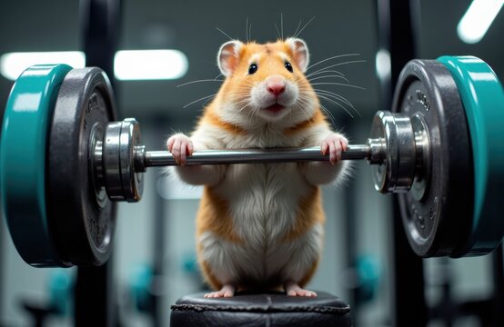 Hamster lifting weights in a gym shows a tiny athletic rodent at work today
