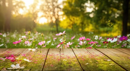 Wooden table foreground with wildflower meadow in warm golden hour light