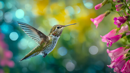 Naklejka premium Hummingbird hovering near pink flowers in a vibrant garden during daytime